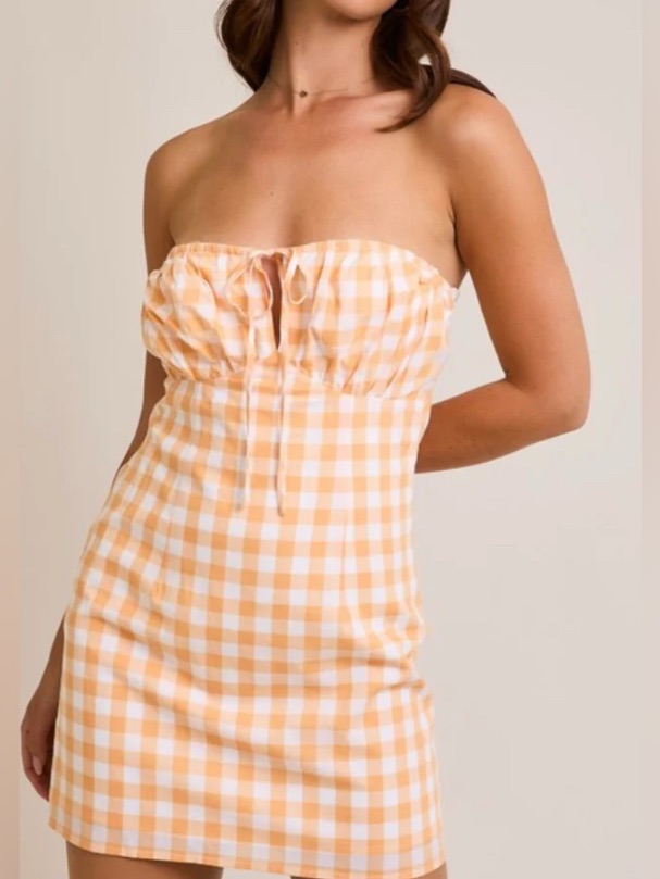 Strapless Gingham Tie-Front Mini Dress In Orange/White - Size M